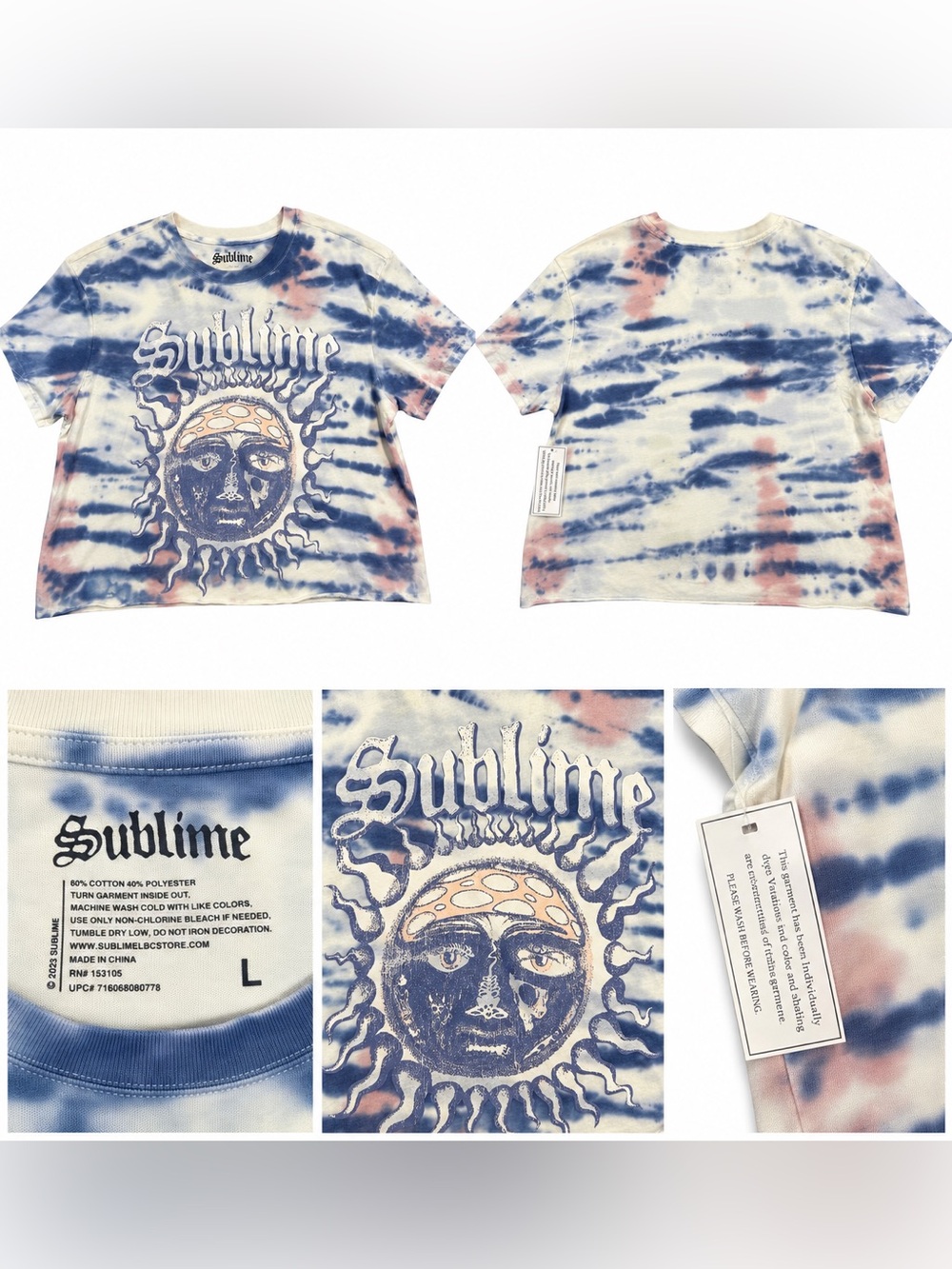 NWTSublime Women’s L Tie Dye Sun Graphic T Shirt Blue Pink Band Tee 2023